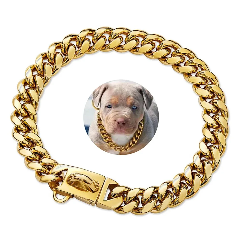 StrongStainlessSteelGoldDogCollarwithSafetyBuckle15MMCuban