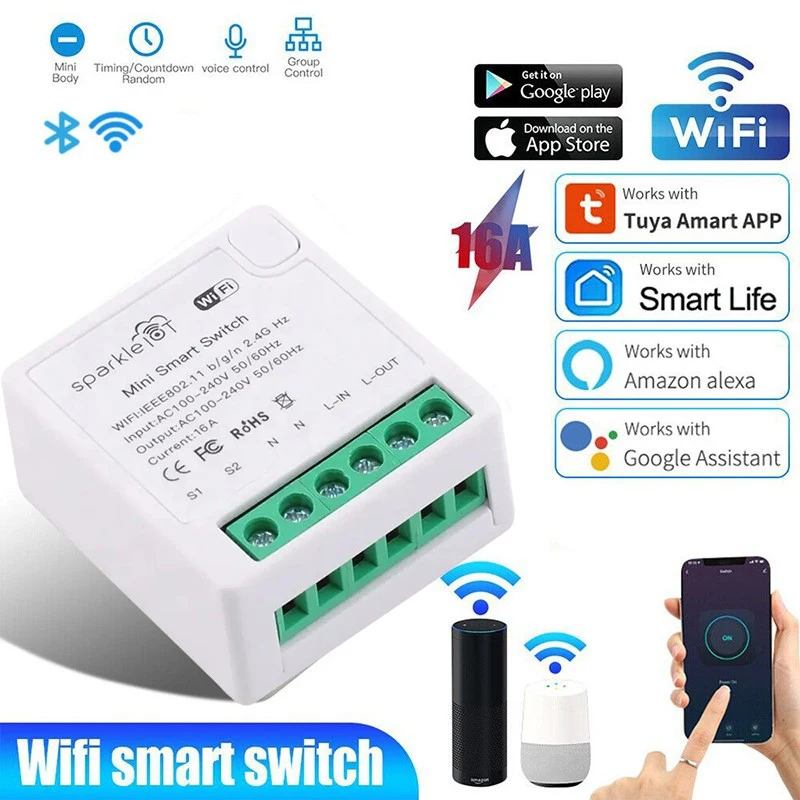 

Tuya 16A Mini Smart Wifi Bluetooth DIY Switch Control Smart Home Automation Module Works with Alexa Google Home Smart Life App