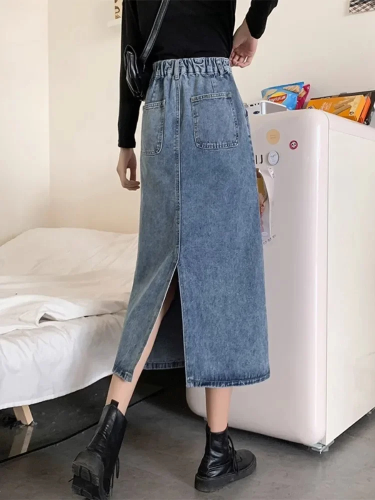 

Women Fashion 2024 Autumn Vintage Large Size Loose Denim Split Skirts Chic Female High Waist A Line Long Elastic Jeans Skirt F42
