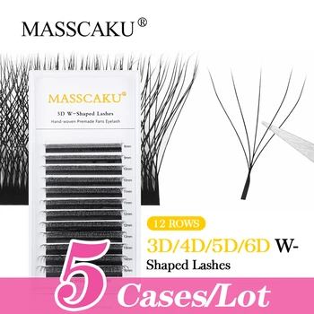 MASSAKU 3D 4D 5D W 모양 블룸 프리메이드 팬 속눈썹 연장, 자연스러운 부드러운 인조 속눈썹 메이크업, 5 케이스