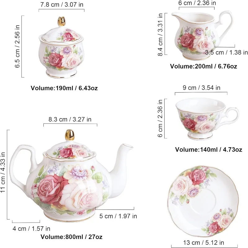 European Porcelain Coffee Set, Bone China Tea Set, Vintage Floral Coffee Tea Pot with Cups