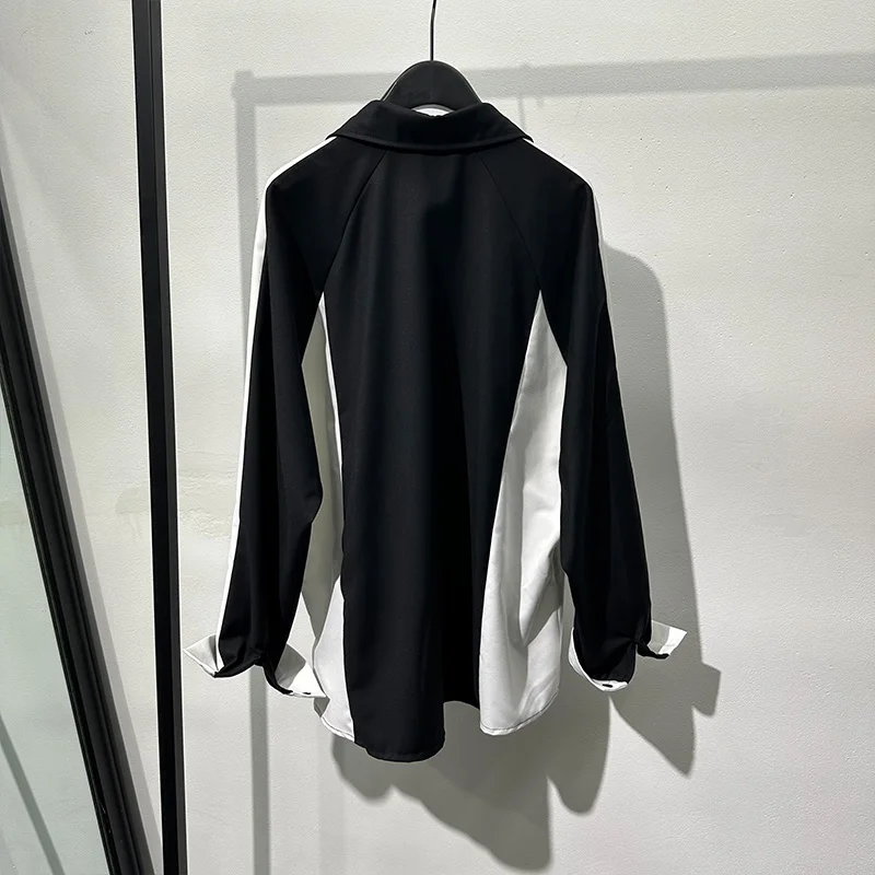 SuperAen Korean Autumn Black and White Panels Contrast Loose Long-sleeved Shirt High-end Patchwork Shirts