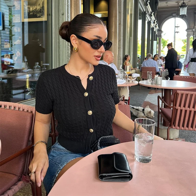 Knitted Single Breasted Cardigans Women Solid O-neck Short Sleeve Ribbed Sweaters Female Fashion New Slim Ladies Casual Top