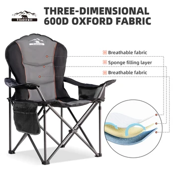 Tisetrail Oversized Camping Chair Folding Chair with Cooler Padded Outdoor Chairs Heavy Duty Support 500 LBS Black&Gray 4