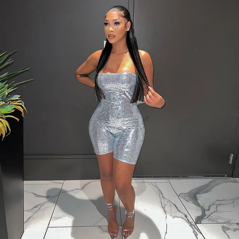 BKLD One Pieces Clothes For Women 2023 Spring And Summer New Solid Color Sequin Chest Wrapped Sleeveless Bodycon Shorts Playsuit