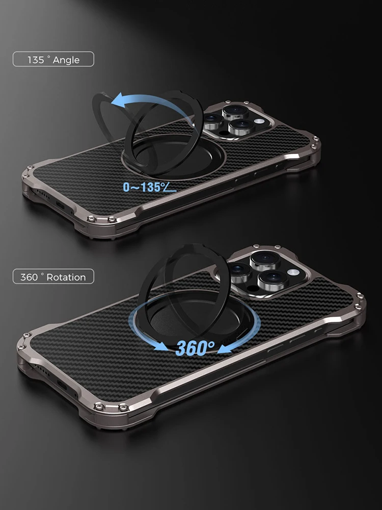 R-just Metal Carbon Fiber Case For Iphone 15 16 14 13 Pro Max Cover Lightweight Aluminum Alloy Funda Coque Built-in Holder Ring 2