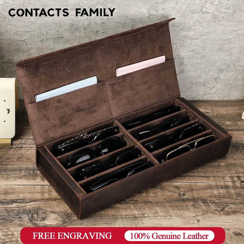 CONTACTS FAMILY Eye Glasses Box 2/3/4/6/8 Slots Storage Case Genuine Leather Sunglasses Jewelry Display Organizer
