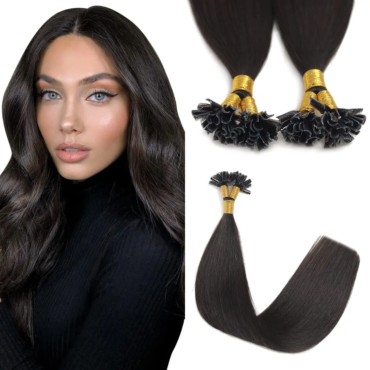 Straight U Tip Hair Extensions Human Hair #1B Natural Black Human Hair Remy U Tip Human Hair Extensions 100Strands/Pack