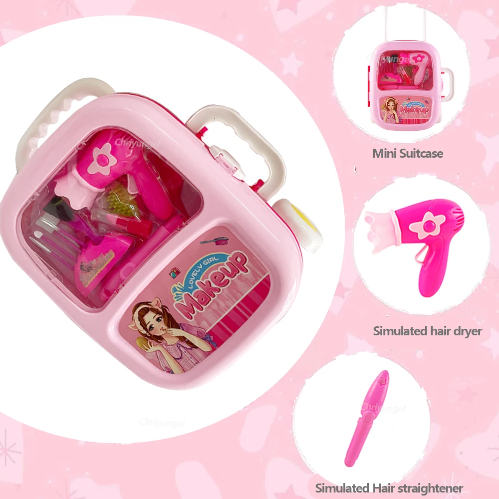 Kids Makeup Set for Girls Mini Pretend Play Set Simulation Hairdressing Hair Dryer Scissors Make Up Lipstick Toy Birthday Gifts 6
