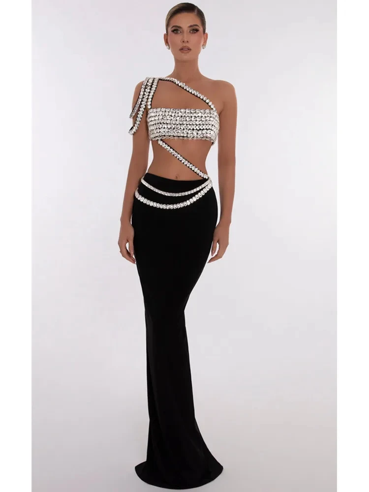 

Women Luxury Celebrity Sexy Beading Split Maxi Long Black Bandage Skirt Set Celebrity Designer Fashion Women's Set