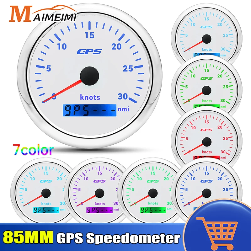 

85MM GPS Speedometer Gauge with GPS Antenna 0-60 Knots Odometer 7 Color Backlight Waterproof for Marine Car Boat Yacht 12V 24V