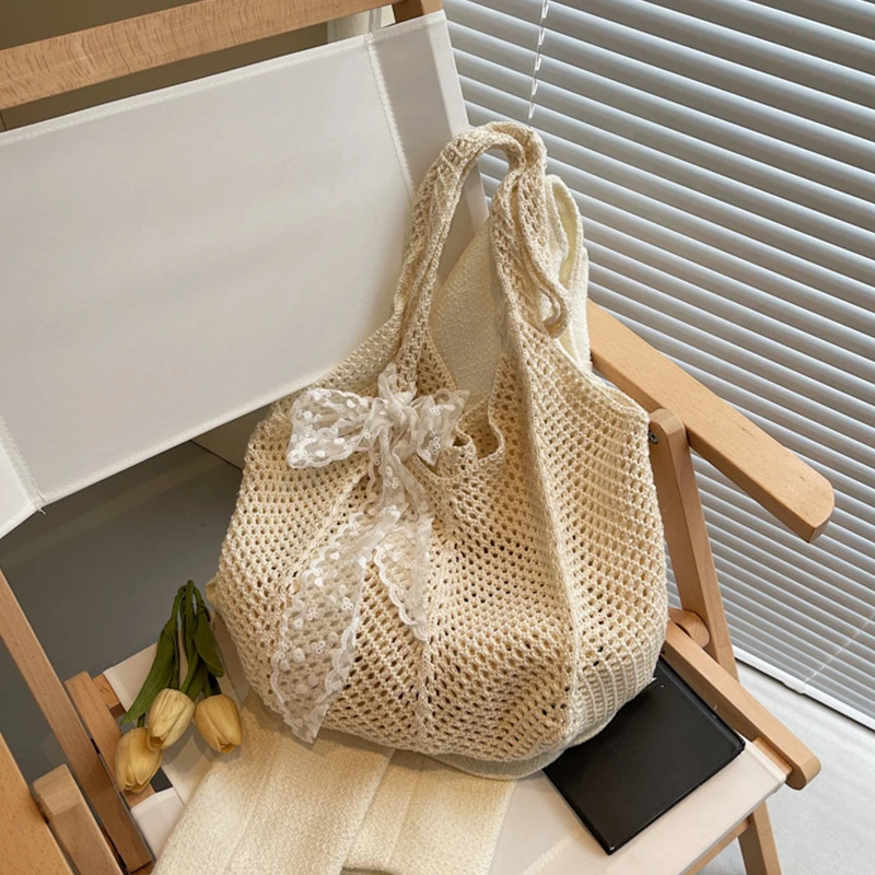 Solid Color Women Knitting Lace Bow Shoulder Bag Hollow Out Large Capacity Crochet Tote Bag Spacious Convenient Sundries Storage