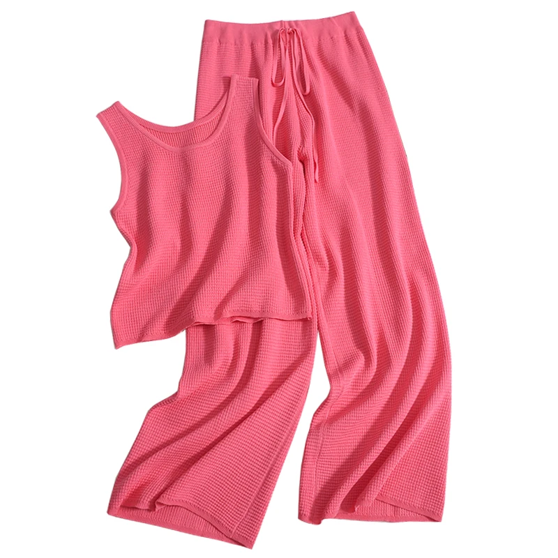 

Простой однотонный вязаный костюм, женский летний новый короткий жилет без рукавов, повседневные брюки с широкими штанинами и завязкой, Женский комплект из 2 предметов