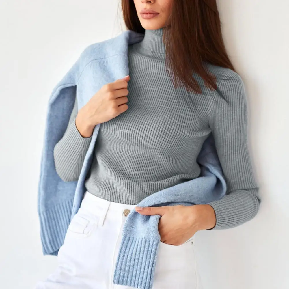 

Women Turtleneck Long Sleeve Bottoming Shirt Solid Color Ribbed Slim Fit Knitting Pullover Tops Elastic Knitwear