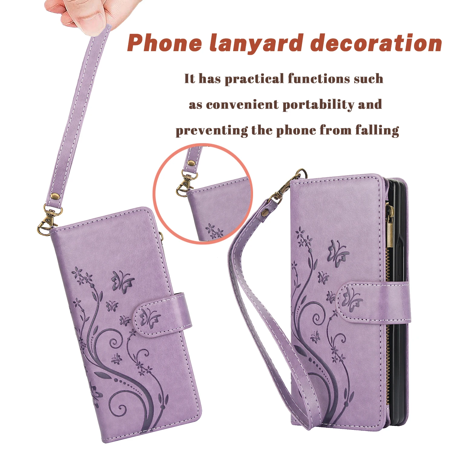 Leather Zipper Wallet Phone Case with Wrist Strap and Card Slot, Flip Stand Cover