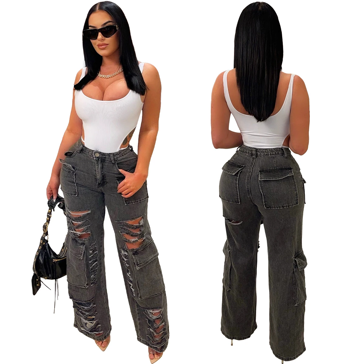 

Spring Summer New Woman Fashion Black Jeans Holes Ripped Pockets Flare Jeans High Waist Cowboy Pants Streetwear