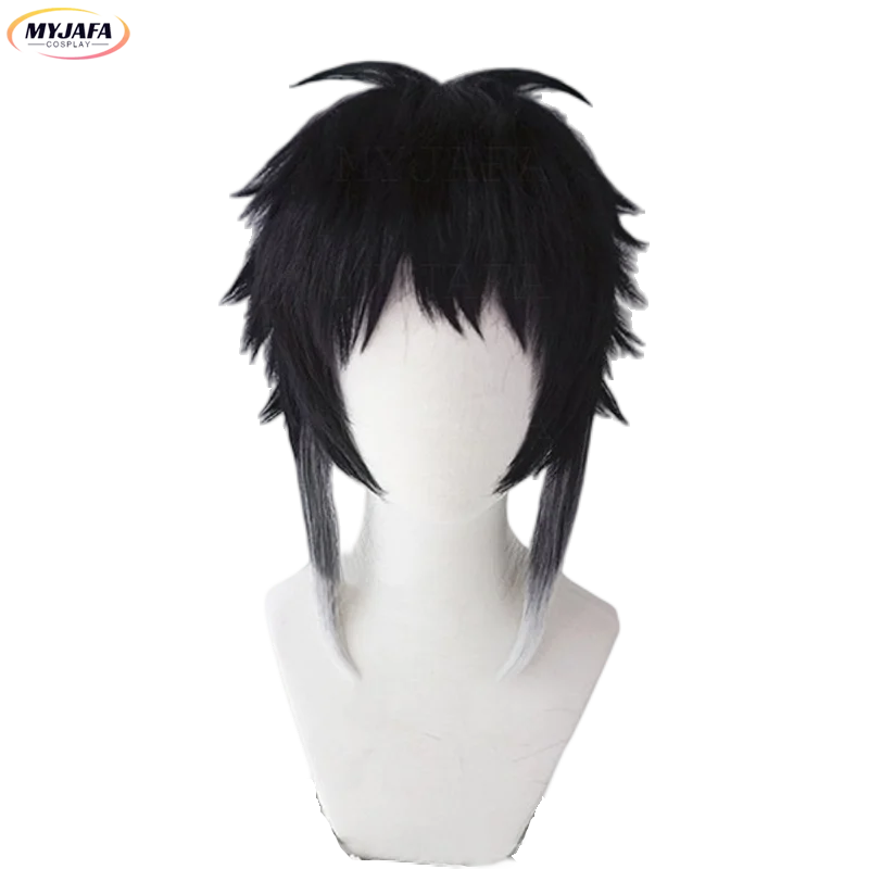 

Bungo Bungou Stray Dogs Ryunosuke Akutagawa Cosplay Wig Short Black With White Wig Heat Resistant Hair Anime Wigs + Wig Cap