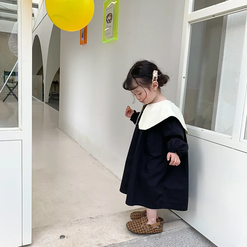 Girl Cotton Dress New Long Sleeved Toddler Baby Sigle Breasted Bow Black and White Dresses for Young Children Kids Clothes
