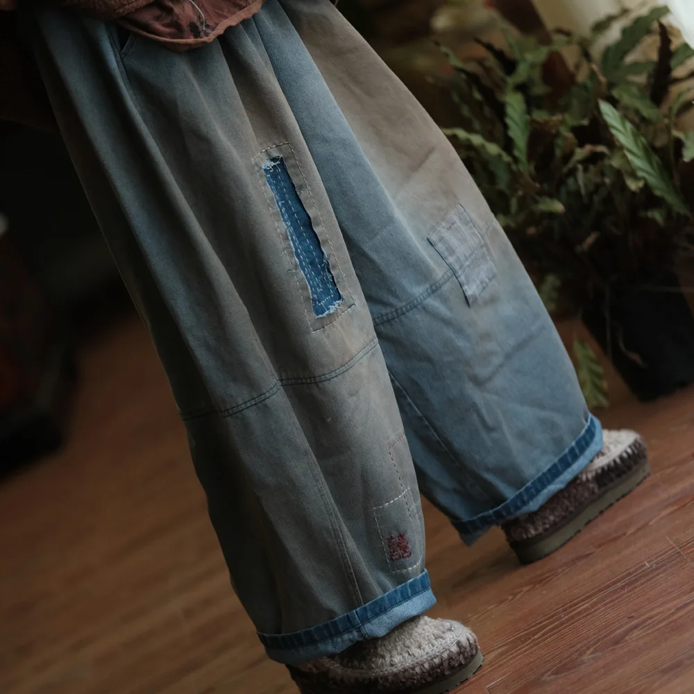 Johnature Women Vintage Patchwork Denim Wide Leg Pants Elastic Waist Loose Spring Trousers 2025 New Casual Long Pants