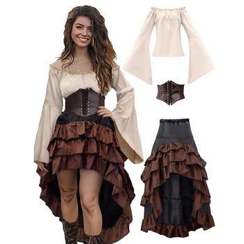 Costume da pirata Buccaneer Top Camicia Gonna Trambusto Gonna vittoriana Halloween Donna Punk rinascimentale Burlesque Abito alto basso