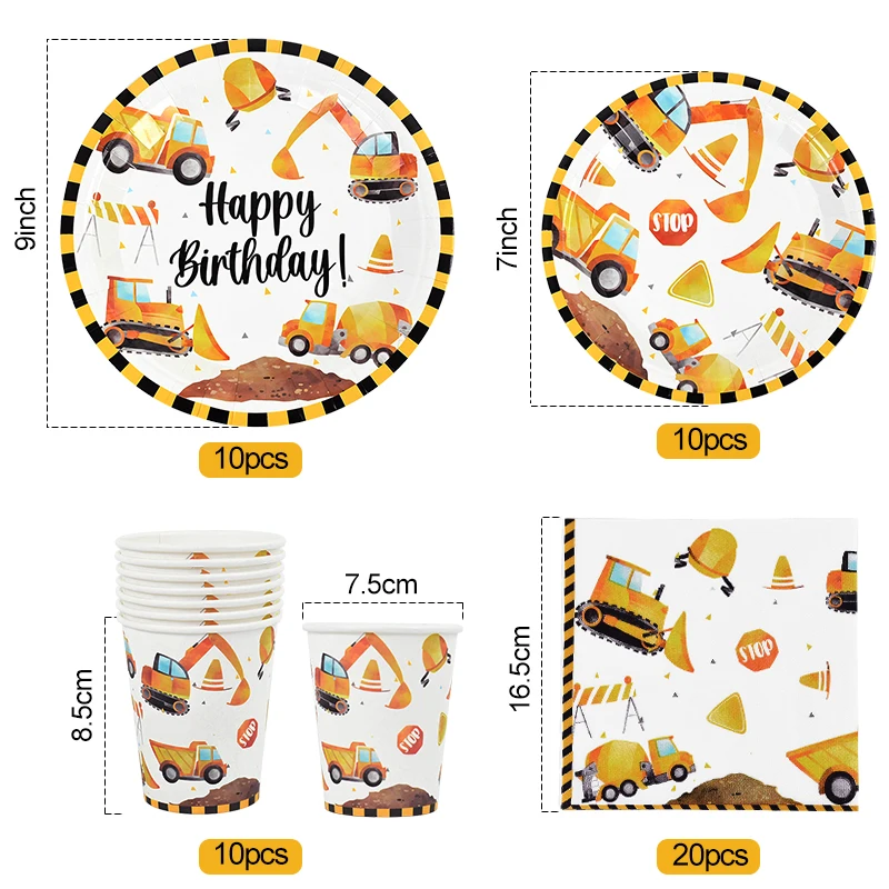 Construction Party Disposable Tableware Kids Boys Engineering Vehicle Theme Birthday Party Decorations Truck Balloon Supplies