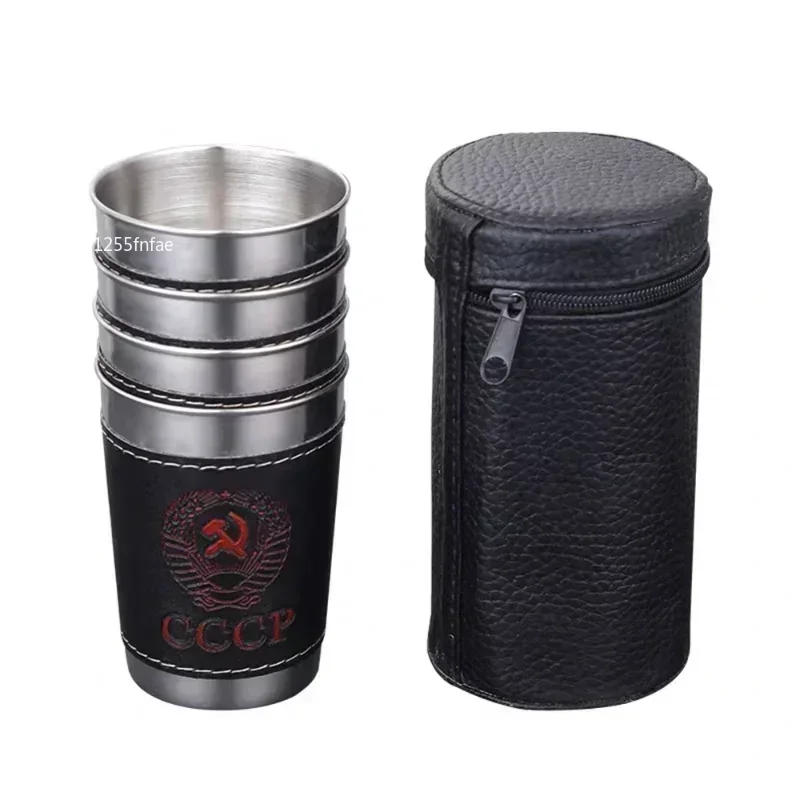 4pcs Vodka Cup 304 PU Holster Russia Stainless Steel Mini Wine Tumbler Portable Personalized 30ml Shot Glass Set Outdoor Product shot glasses,drinking vessels