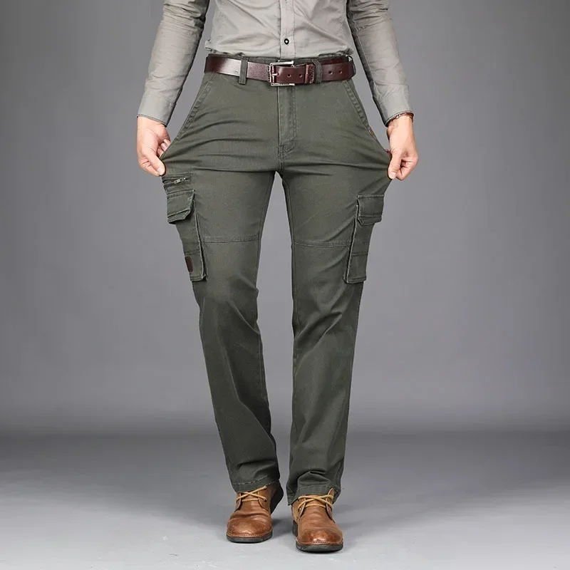 2025 New in Men's Pants Straight Leg Cotton Cargo Trouser Male Stretch Autumn Zipper Multi Pocket Classic Casual Work Wear Army 5