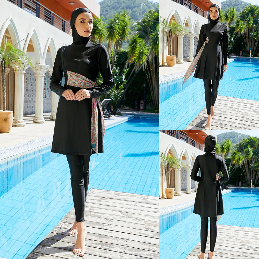 

Muslim Swimwear Women Modest Long Sleeves Sport Swimsuit 3pcs Islamic Burkini Wear Diving Bathing Suit Tops Pants Cap Beach Wear