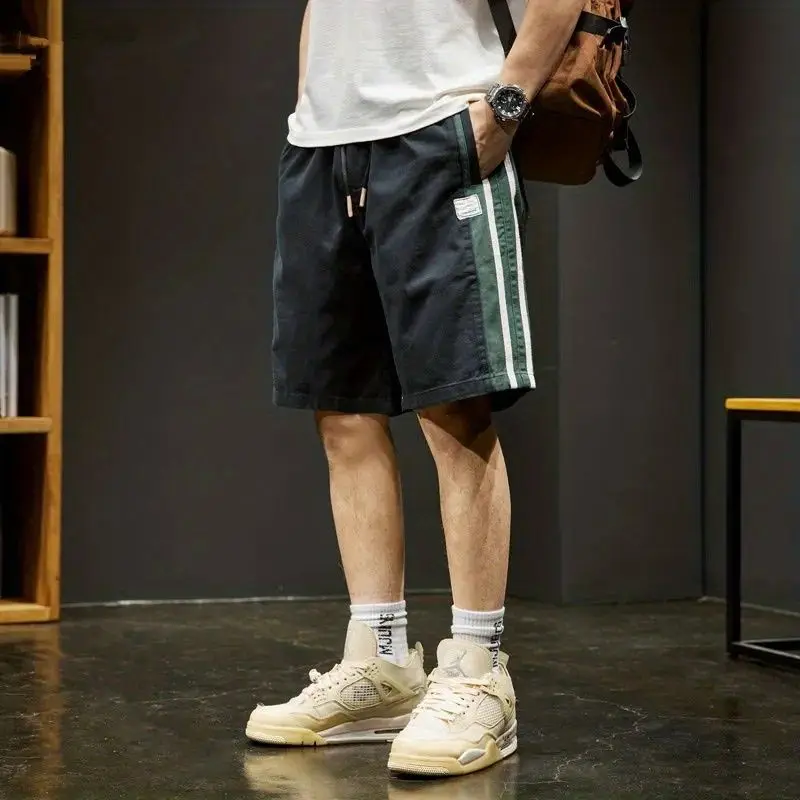

Japanese Summer Men's 2024 New Patchwork Drawstring Contrast Color Elastic Waist Pocket Fashion All-match Loose Casual Shorts