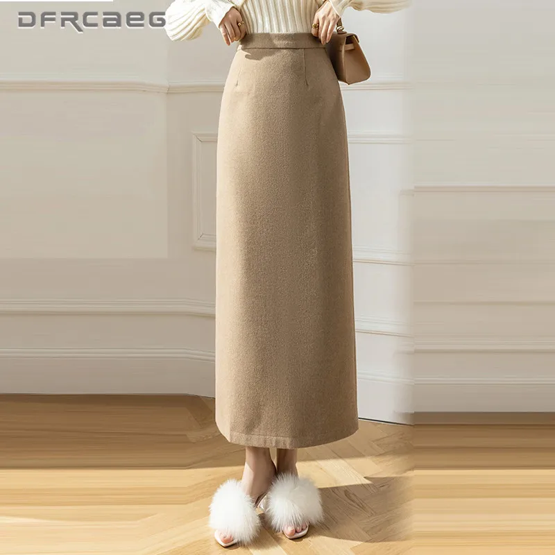 

Elegant Fashion Warm Winter Women's Wool Straight Skirt Maxi 2023 High Waist Casual Vintage Woollen Saias Longas Female