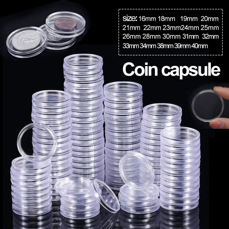 

100Pcs 18/19/20/21/23/24/25/26/28/30mm Clear Plastic Coin Capsules Coin Holders Protector Cases Round Transparent Coin Capsules