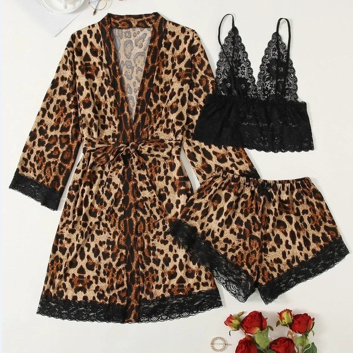 European & American Bestseller: Women's 3-Piece Sexy Lace-Trimmed Leopard Print Satin Lounge Set - Camisole, Shorts & Robe