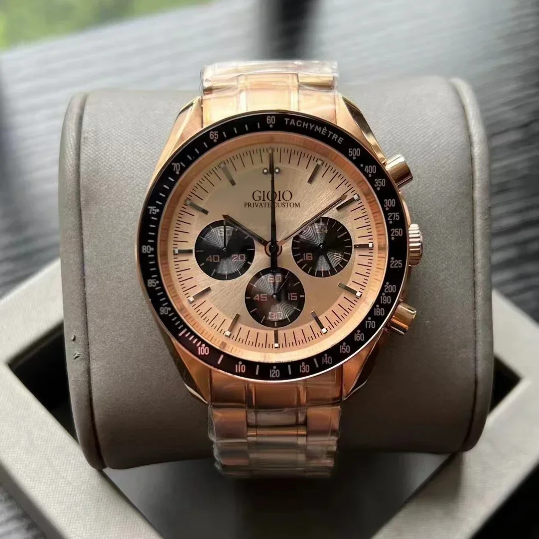 

2023 Luxury Men's Quartz Chronograph VK63 Movement Watch Stainless Steel Rose Gold Green Speed Leather Wristwatch