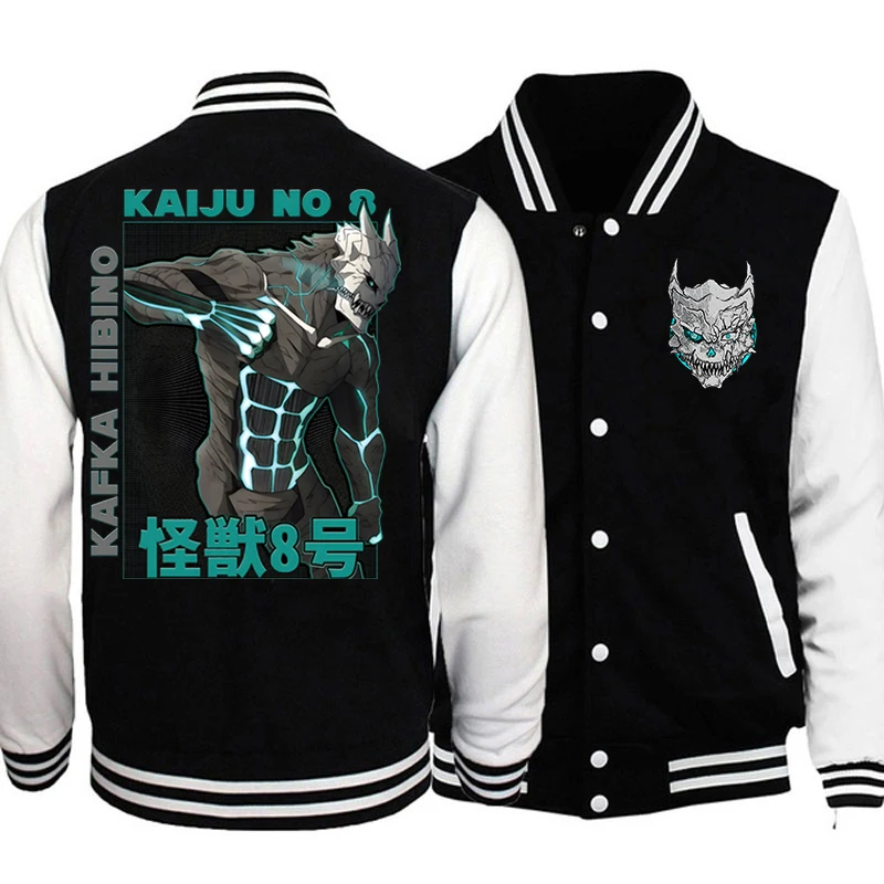 Giacca bianca nera Anime Kaiju No.8 Allentato Uomo Donna Abbigliamento Moda casual Comic Kaiju No.8 Giacche da baseball Cappotti da strada Top 3