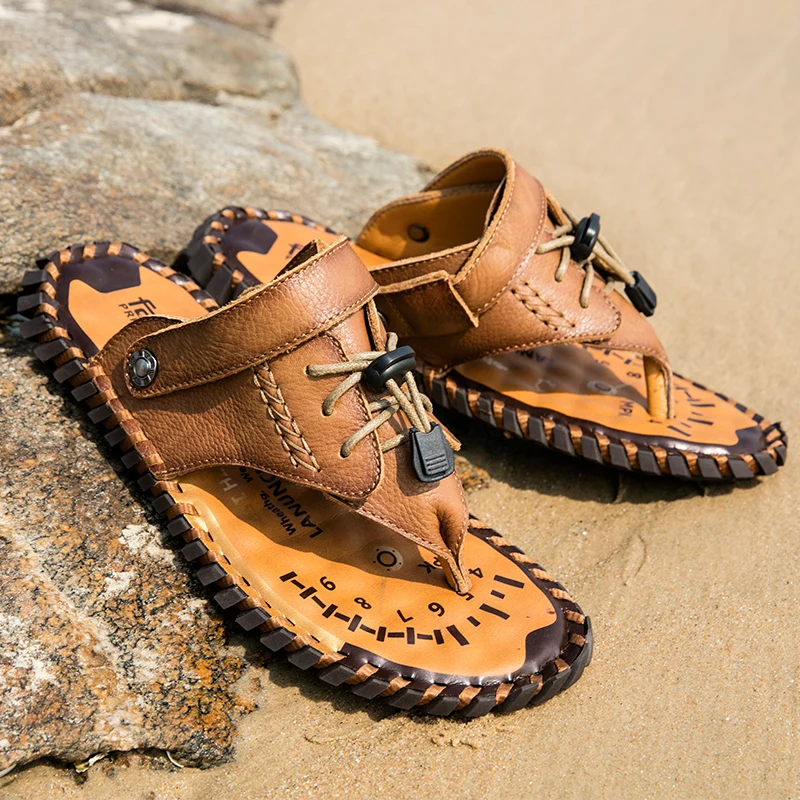Genuine Leather Sandals Men Cow Leather Half Drag Quick Dry Beach Flip Flops Summer Outdoor Footwear Male Dual-Purpose Slippers