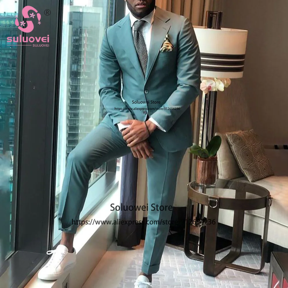 Fashion Slim Fit Business Suits For Men 2 Piece Jacket Pants Set Formal African Groom Wedding Notch Lapel Tuxedo Traje De Hombre