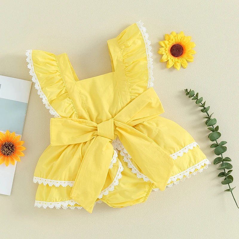 

Baby Girl Romper Lace Trim Square Neck Big Bowknot Fly Sleeve Jumpsuits Infant Summer Clothes Toddler Bodysuits
