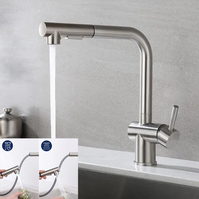 Pull Out Kitchen Faucet Brushed Steel Flexible Hot Cold Water Tap Single Sink Mixer Gourmet Removable Handles Modern Extender