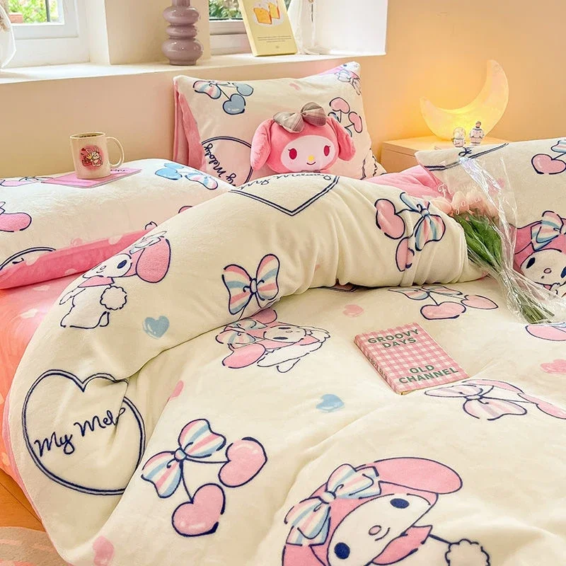 

Sanrios Anime Kawaii Cinnamoroll Kuromi My Melody Hello Kittys Cute Thickened Milk Velvet Duvet Cover Three Piece Bed Sheet Set
