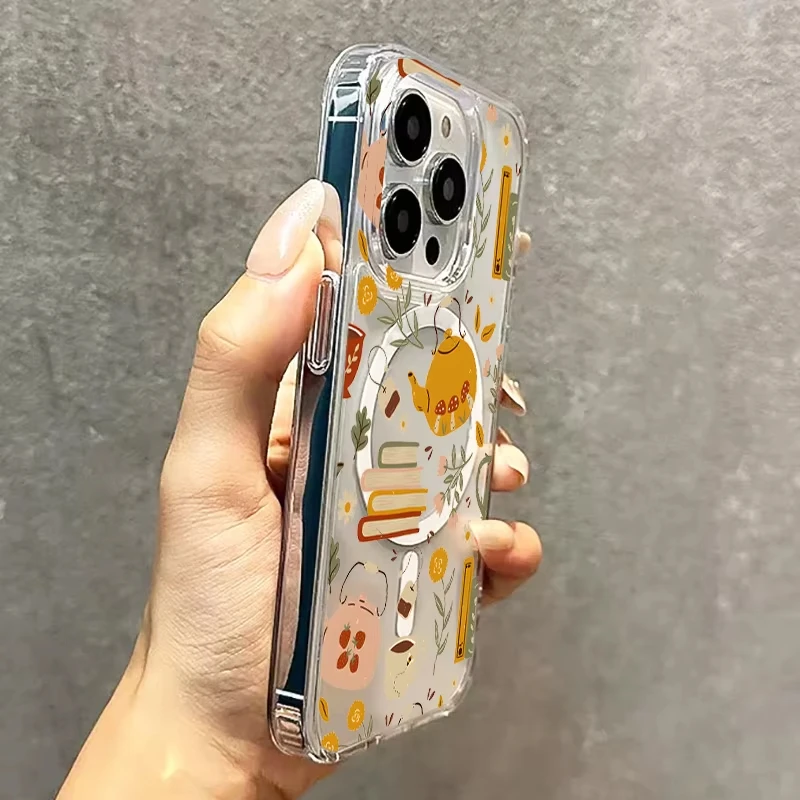 Autumn Literary Pattern Phone Case with Book and Tea Cup Design - Clear Cover