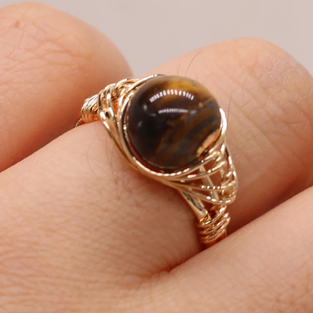 Natural Gems Stone Fashion Wire Wrapped Rings Reiki Healing Amethyst Agate Jade Tiger Eye Stone Resizable Ring Wedding Jewelry - 4