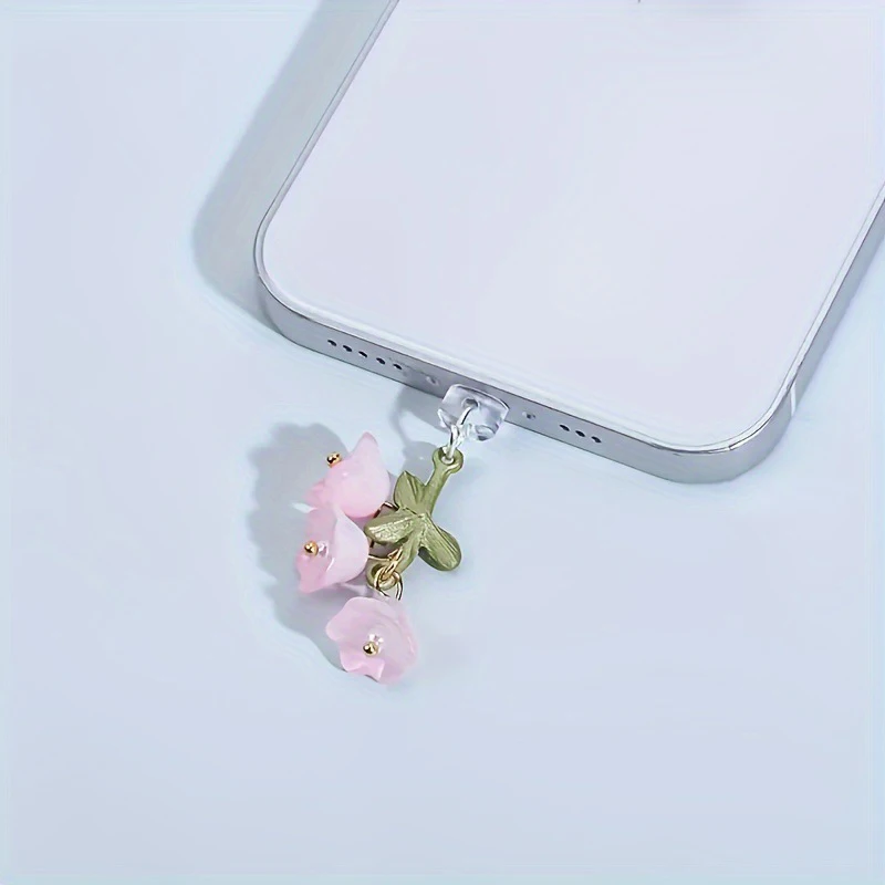 New 1PC For Phone/Type-C Interface Cute Pink Lily Of The Valley Phone Charm Flower Green Leaf Dust Plug DIY Accessories - Image 4