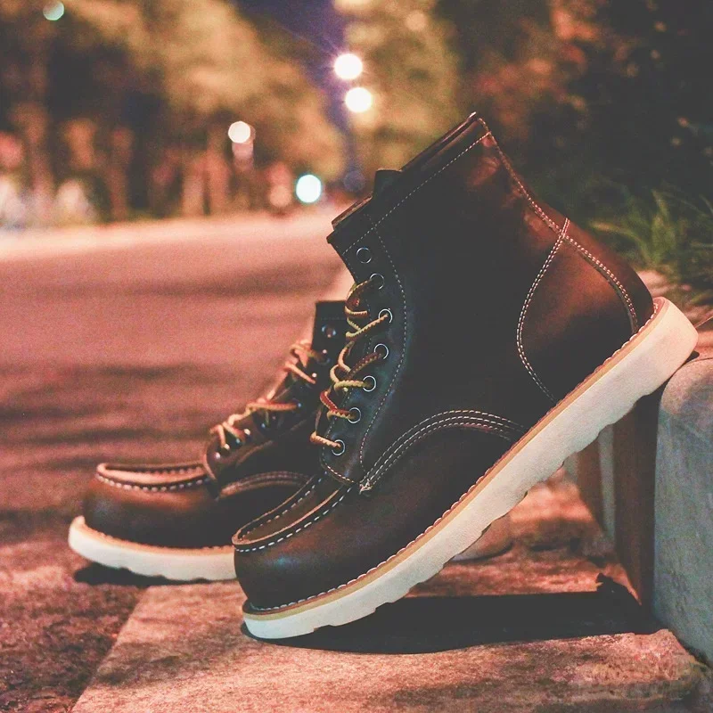 Men's Boots American Retro Tooling Boots Casual Crazy Horse Leather Vintage Man Lace Up Ankle