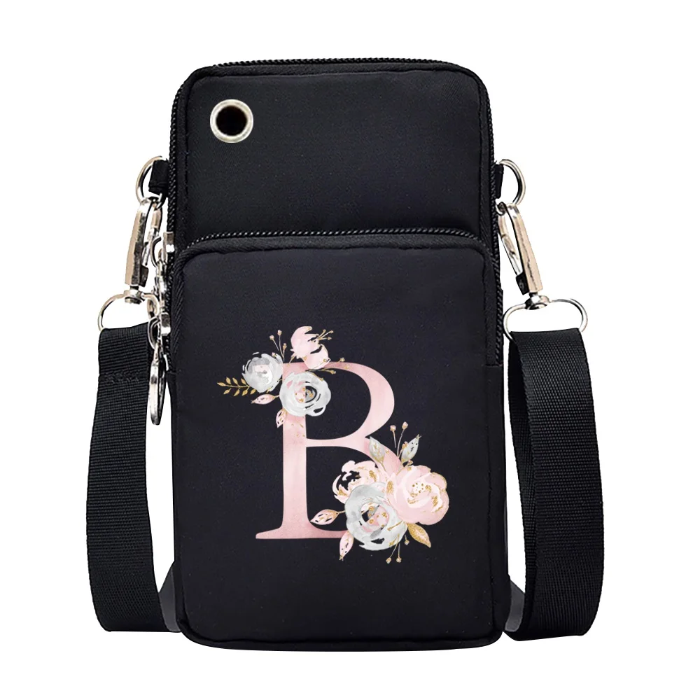 Waterproof Mobile Phone Bag for Iphone/huawei/xiaomi/samsung Universal Pink Flower 26 Letters Cell Phone Case Women Wrist Pack
