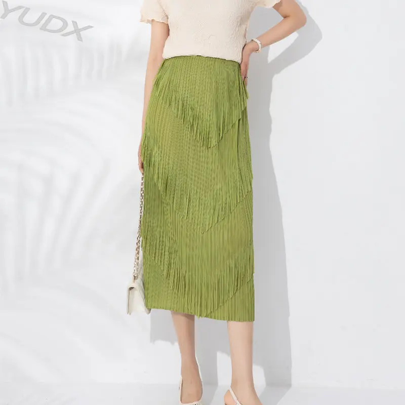 

YUDX Miyake Pleated 2023 Summer Fashion Design V Type Three Layers Fringe Half Skirt Women Retro Solid Color Medium-length Skirt