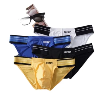 Slip da uomo con forcella alta a vita laterale con giunture in tinta unita, biancheria intima da uomo a vita bassa alla moda in seta di ghiaccio filettata 1