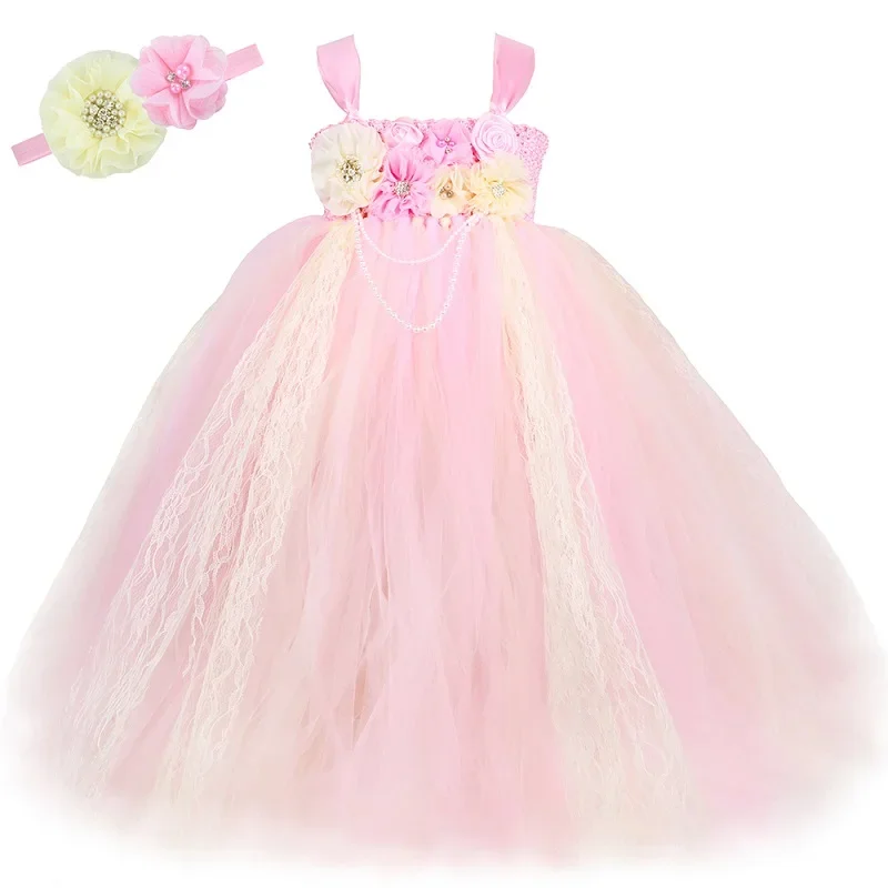 Vestido de princesa con tutú y encaje de diamantes de imitación para niña de flores, color rosa, para bodas, desfiles, vestidos de fiesta para niños