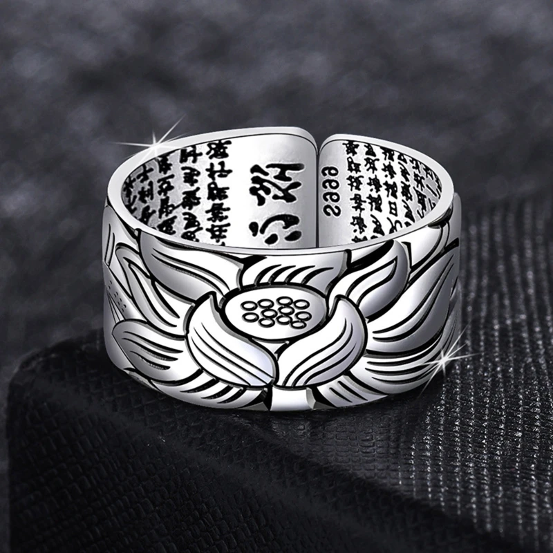 Bague Vintage, amulette bouddha Lotus, lettre chinoise, ouverture