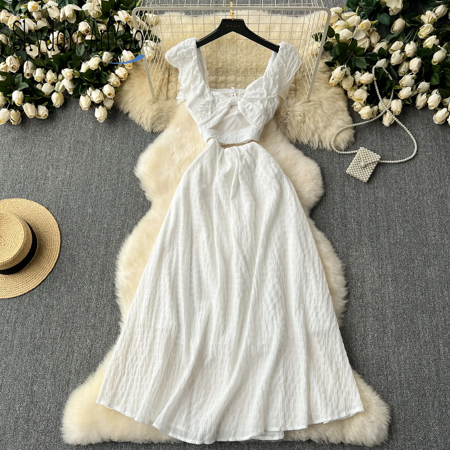 

Fashion Summer Dresses 2024 Women Vestidos Beach Vacation White Long Dress Hollow Out Flying Sleeves Elegant A-Line Female Robe