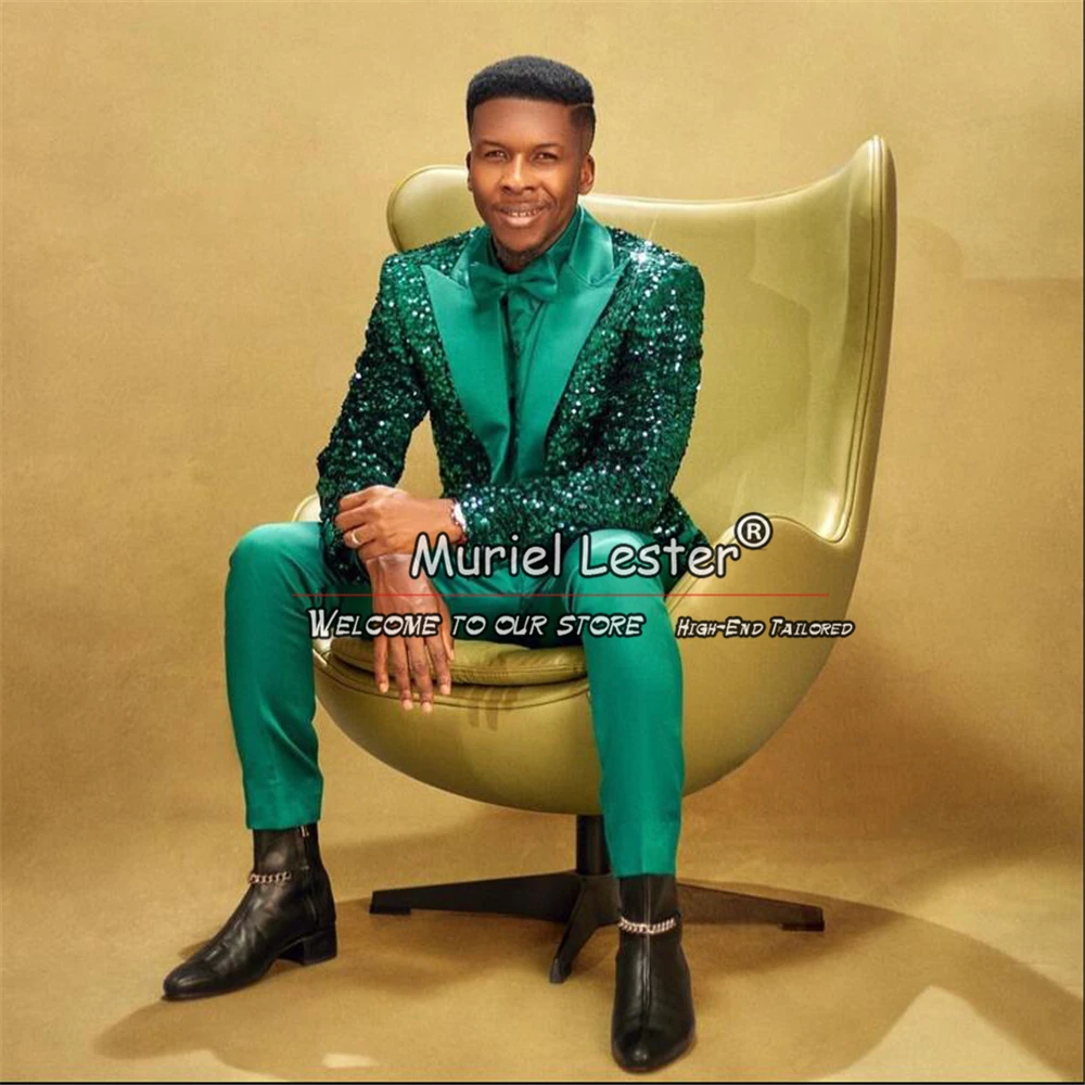 

Green Sequin Suits Men Luxury Sparkly Jacket Pants 2 Pieces Groom Wedding Tuxedos Bespoke Single Breasted Prom Blazer Sets 2024